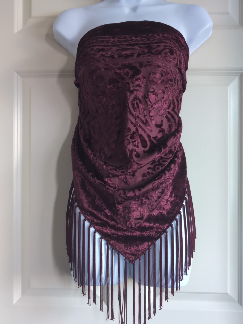 Burgundy velvet fringe triangle shawl with ornate pattern